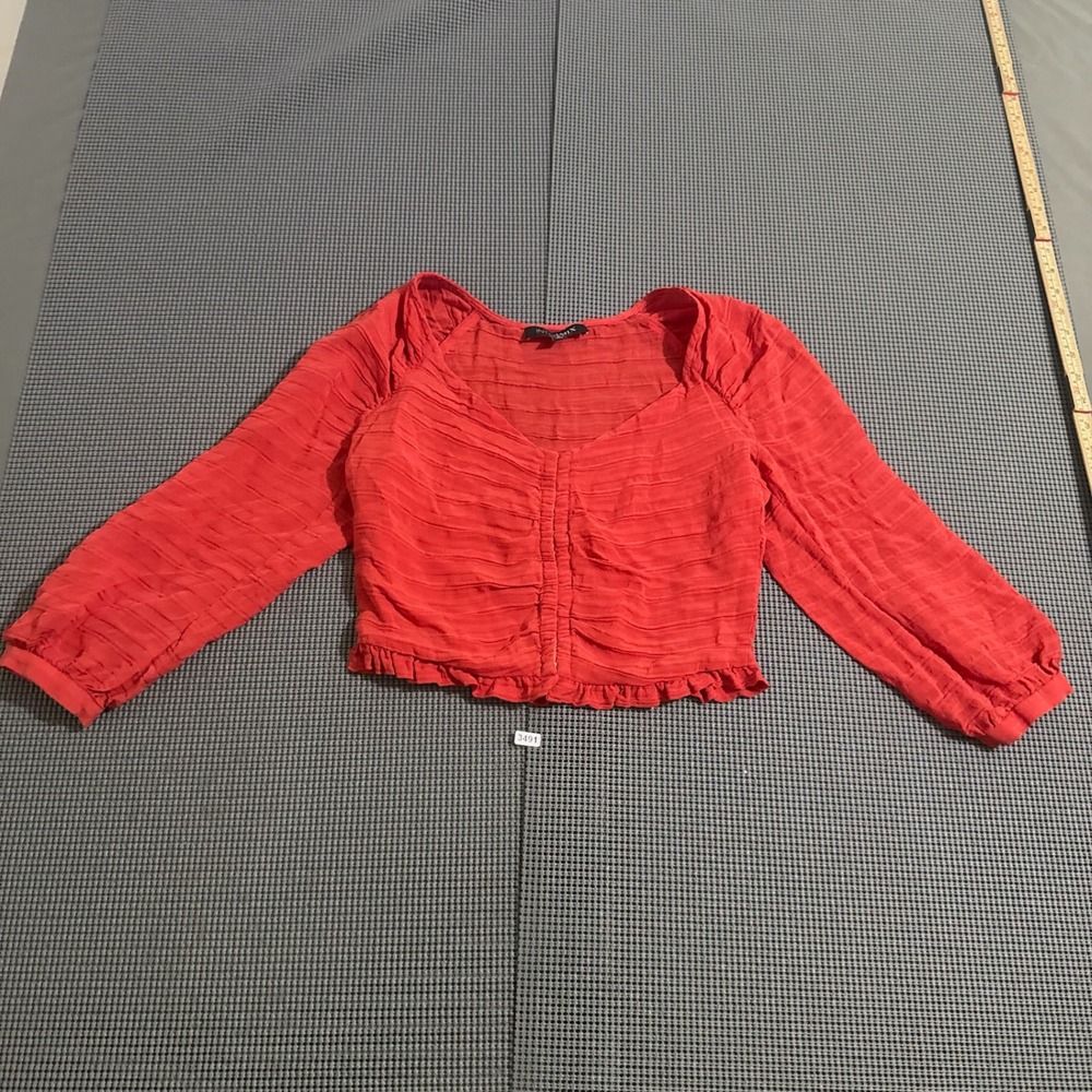 Intermix Womens Red Textured Ruched Ruffle Hem Long Sleeve Blouse Size P